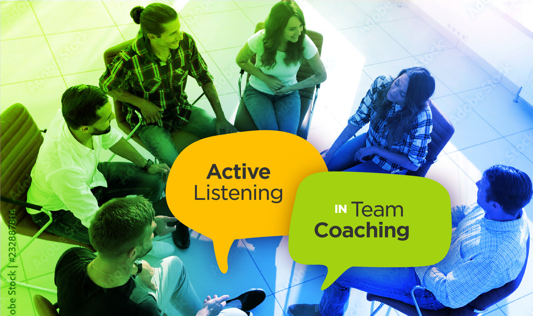 Active Listening Skills - overhead view of people seated in circle listening to one person; green-blue gradient and speech bubbles 